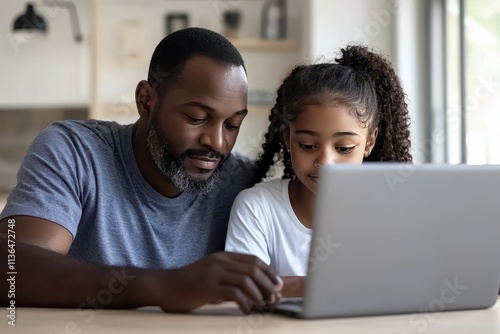 A black father assists his teenage daughter with her homework at home, both focused on the laptop screen, highlighting the importance of family support and education in a nurturing environment