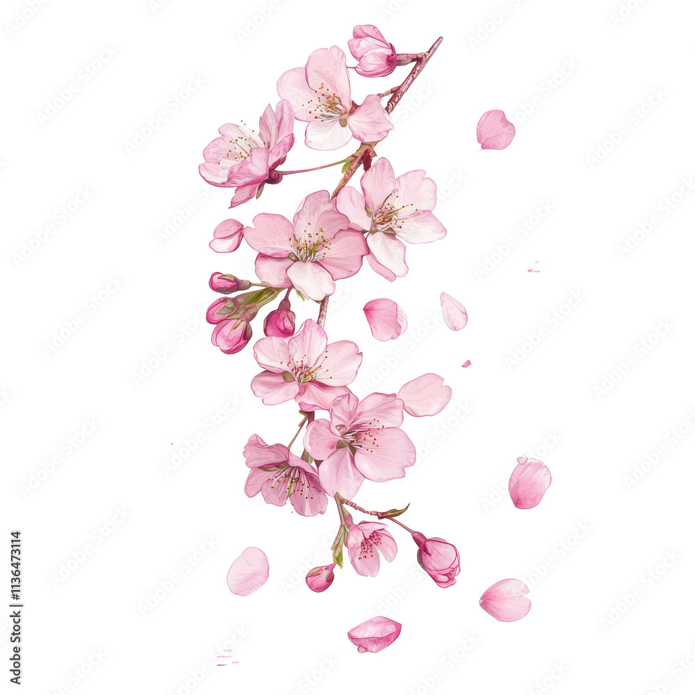 Realistic pink cherry blossom branch and Sakura pink flower falling petals vector illustration on transparent background Realistic pink cherry blossom branch and Sakura pink flower falling petals vector illustration on transparent background