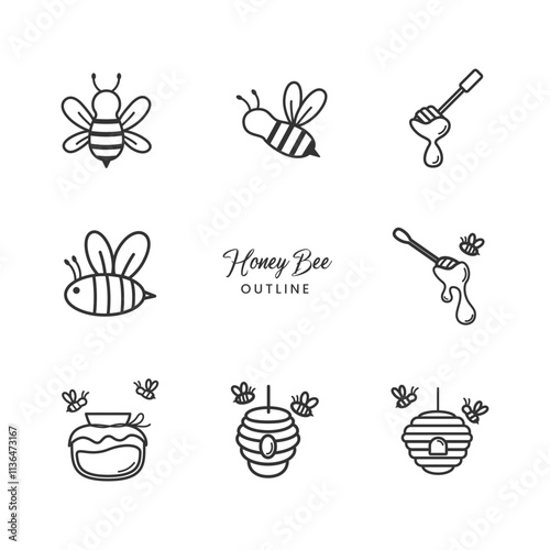 Bee, Honey, and Beehive Set – Hand Drawn Outline Collection