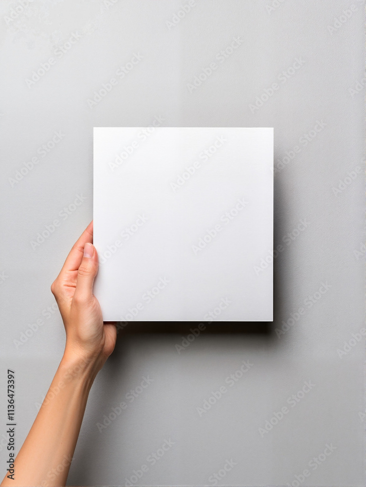 A person holds a blank square canvas, ready for artistic expression in a minimalist environment