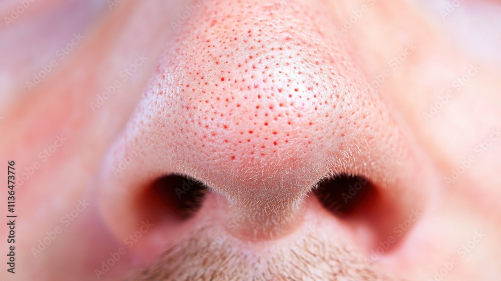 Close up of red irritated nose, emphasizing the discomfort and struggle of allergies or cold symptoms, highlighting the human vulnerability and resilience in the face of common ailments. Close up of red irritated nose, emphasizing the discomfort and struggle of allergies or cold symptoms, highlighting the human vulnerability and resilience in the face of common ailments.
