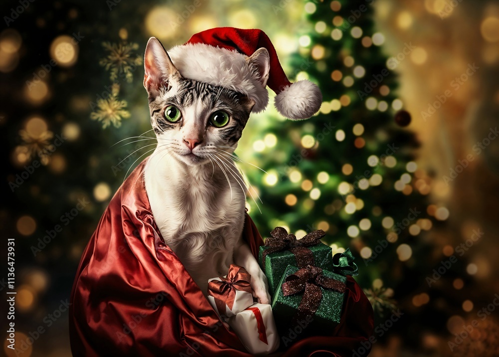 cat in the world as Santa Claus, wearing a Santa hat and a red Santa coat,to his left is a big sack with lots of presents, in the background a Christmas