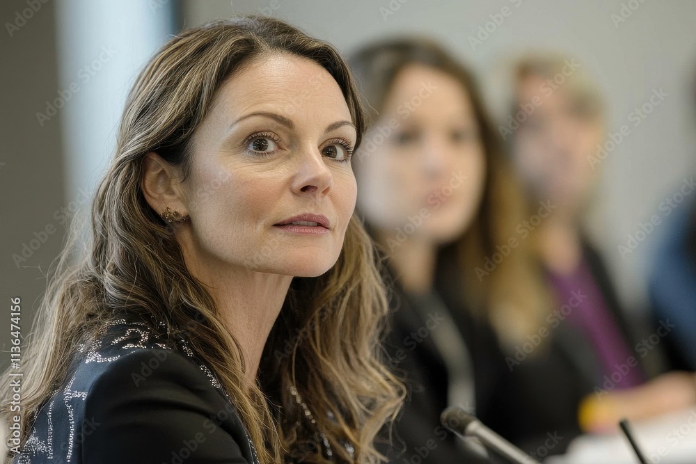 Professional woman confidently leading business meeting highlighting invest in women for international women's day Professional woman confidently leading business meeting highlighting invest in women for international women's day