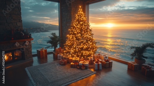 Cozy holiday scene with Christmas tree and ocean view