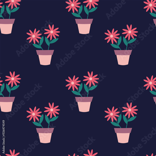Seamless pattern with indoor flowers in flowerpots