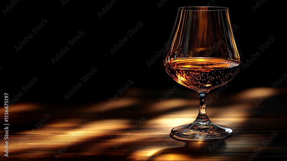 Elegant glass of amber liquor with warm lighting effect Elegant glass of amber liquor with warm lighting effect
