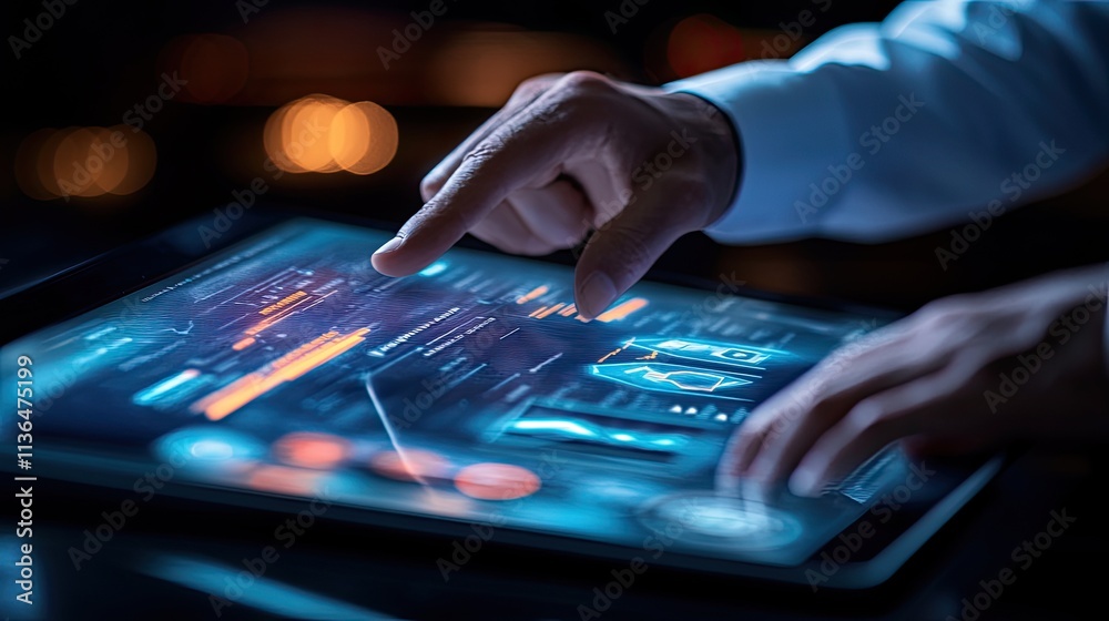 Close-up of hands using a futuristic tablet displaying data. Close-up of hands using a futuristic tablet displaying data.