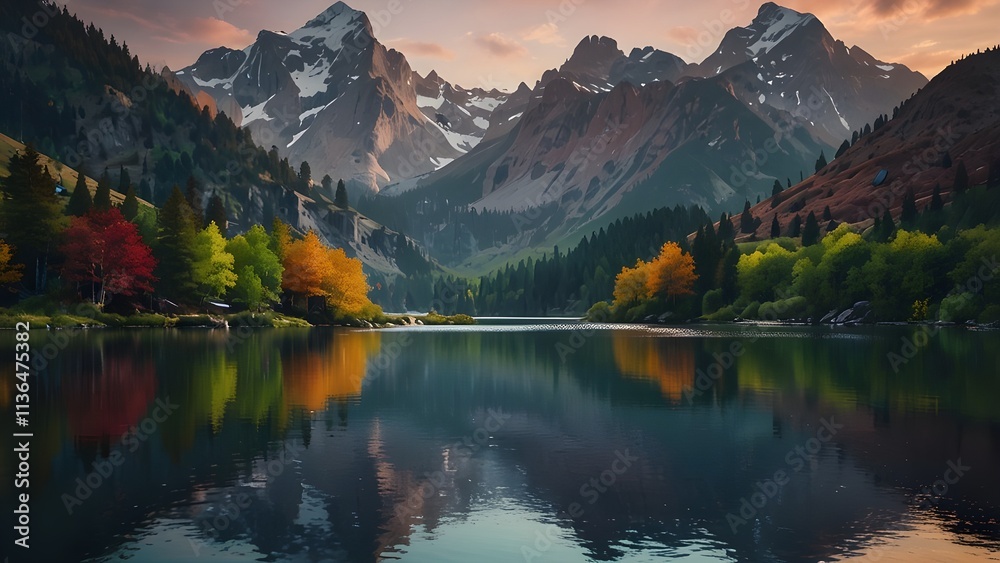 Fototapeta premium Astylized mountain landscape with vibrant colors and a serene river