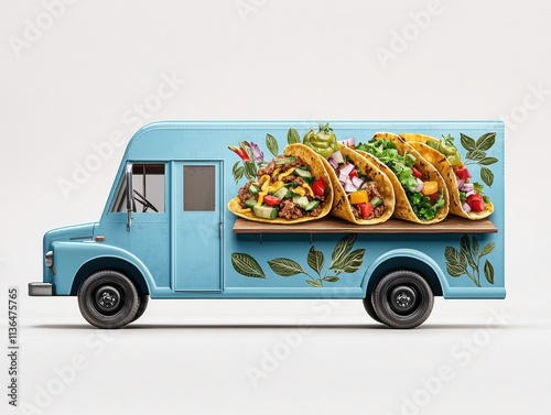 A vibrant blue food truck displaying delicious tacos filled with fresh vegetables and colorful condiments.