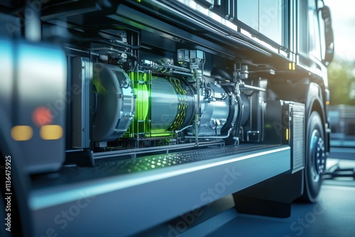 A detailed view of a green hydrogen transport truck's hydrogen fuel cell system, showcasing innovative technology with bright lighting and an industrial backdrop, emphasizing sustainability.