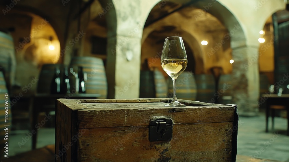 Wine glass on a wooden crate in a rustic cellar setting