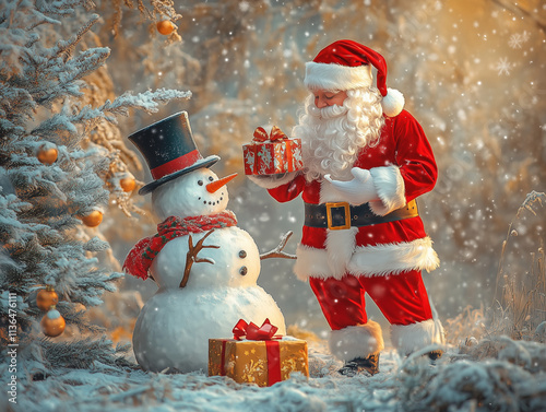 snowman on the snow with santa claus photo