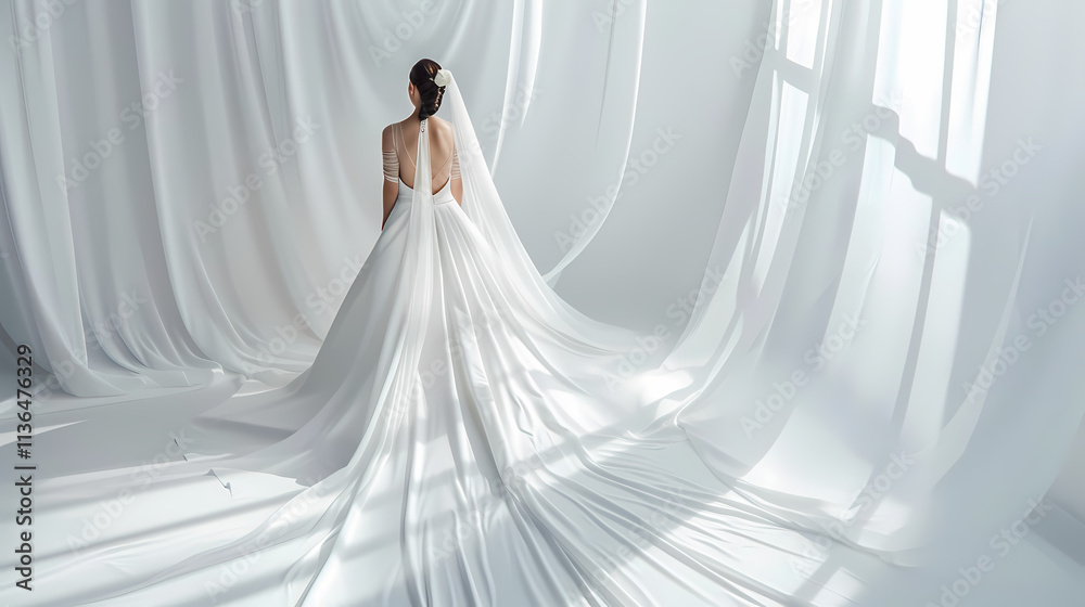 Bridal Elegance: A captivating image of a bride in a flowing white gown, her back turned, as she walks towards a window bathed in soft, ethereal light. Bridal Elegance: A captivating image of a bride in a flowing white gown, her back turned, as she walks towards a window bathed in soft, ethereal light.