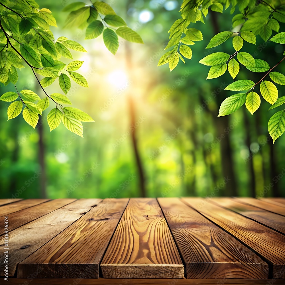 empty Table wooden Podium for product display.background in a tree,leaf,natural natural concept.