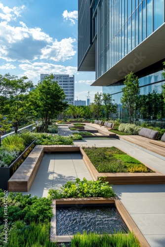 Corporate building with a rooftop garden featuring sustainable water features and relaxing spaces, designed to foster environmental sustainability and wellness in the workplace