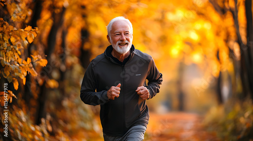 An Elderly Man Happily Jogging Through a Serene Forest Trail During Autumn Surrounded by Colorful Leaves