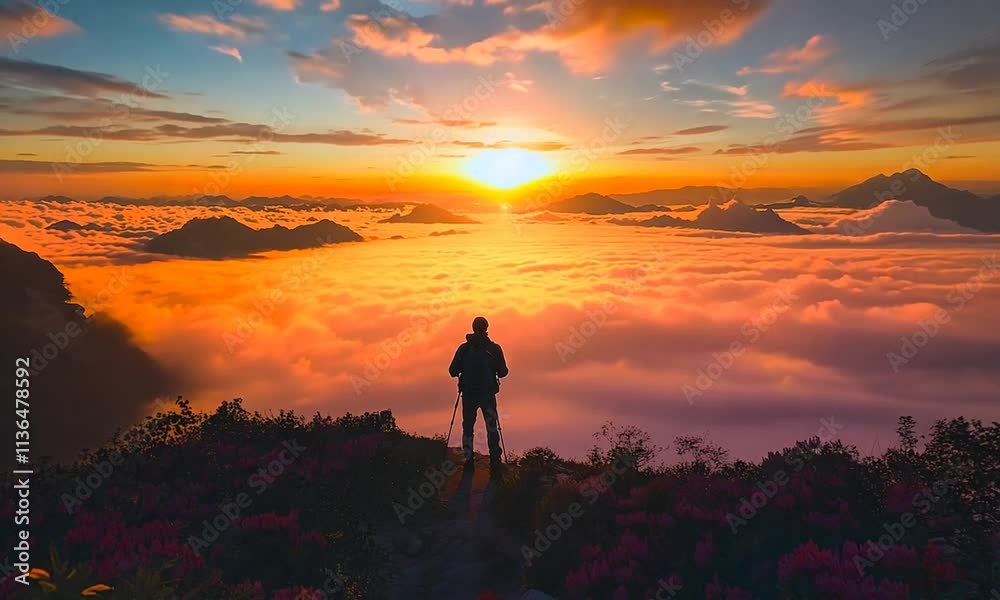 A silhouette of a person stands amidst vibrant flowers at sunset, overlooking a sea of clouds. A silhouette of a person stands amidst vibrant flowers at sunset, overlooking a sea of clouds.