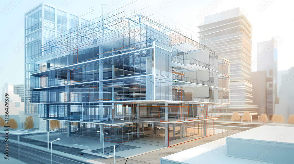 Modern Architecture: A 3D rendering of a sleek glass and steel skyscraper, showcasing its intricate structural design and contemporary aesthetics. Modern Architecture: A 3D rendering of a sleek glass and steel skyscraper, showcasing its intricate structural design and contemporary aesthetics.