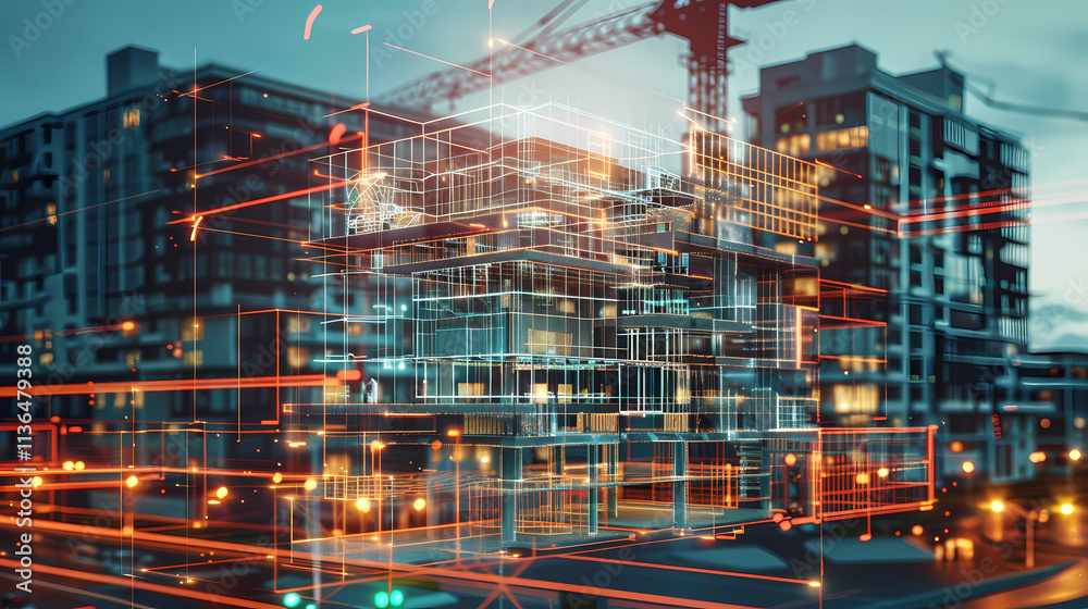 Smart City Construction: A futuristic cityscape at night, under construction with digital lines overlaying the building, signifying technological advancements and urban development. Smart City Construction: A futuristic cityscape at night, under construction with digital lines overlaying the building, signifying technological advancements and urban development.
