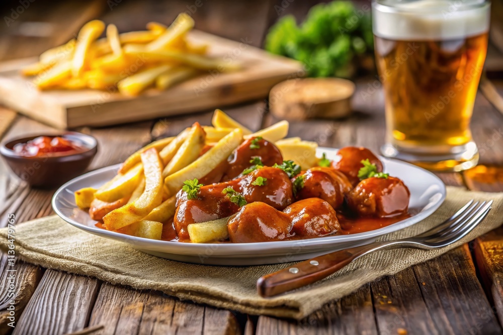Delicious Currywurst with Fries, Bokeh Food Photography - German Street Food Delicious Currywurst with Fries, Bokeh Food Photography - German Street Food