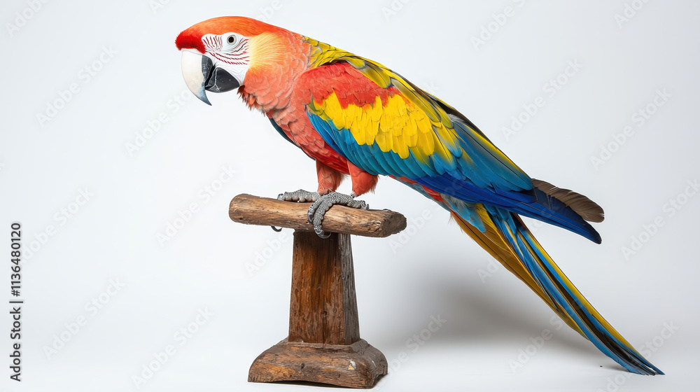 Obraz premium vibrant parrot perched wooden stand, showcasing its colorful feathers. This stunning bird displays mix of red, yellow, and blue hues