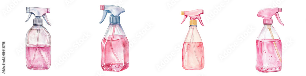 Four spray bottles with varying shades of pink liquid, featuring spray nozzles in different colors, representing cleaning or cosmetic products.