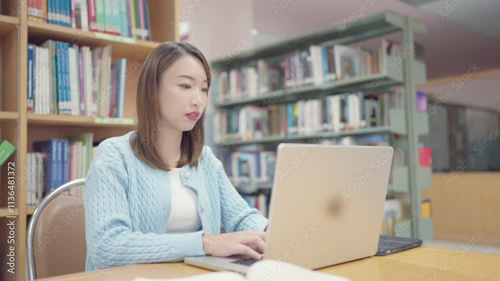A woman is sitting at a desk in a library, typing on a laptop. She is focused on her work, and the library setting suggests a quiet and studious atmosphere A woman is sitting at a desk in a library, typing on a laptop. She is focused on her work, and the library setting suggests a quiet and studious atmosphere
