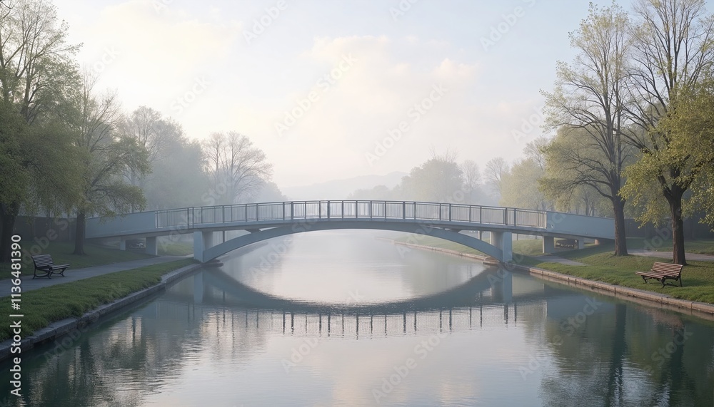 Curved Pedestrian Bridge with Minimalist Design Stretching Across a Tranquil River, Riverside Walkway with Park Benches Curved Pedestrian Bridge with Minimalist Design Stretching Across a Tranquil River, Riverside Walkway with Park Benches