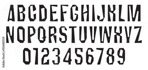 Heavy Chopped simple font on the theme of urbanism, stone, concrete, rock. Set of letters and numbers of the latin alphabet.