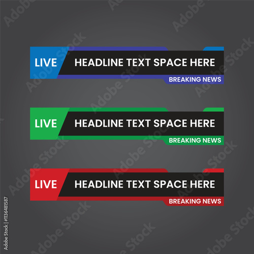 Lower third TV news bar, breaking news, sports, video channel, screen, show. Colorful lower thirds set template. Vector illustration