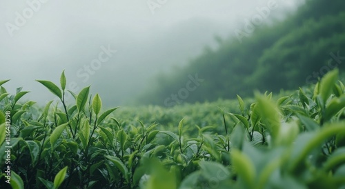 Tea plantation with lush green leaves and mist-covered mountains