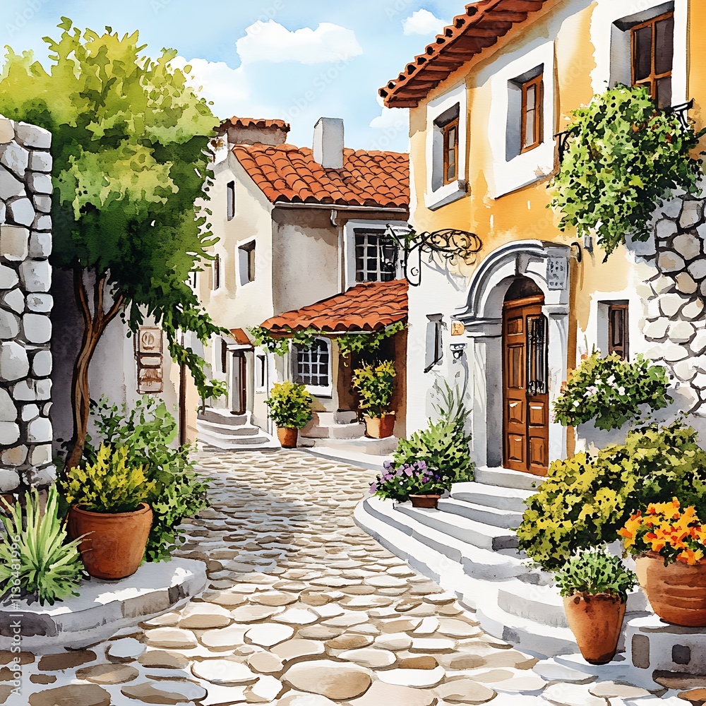 Obraz premium Charming Watercolor Set of Quaint European Streets with Beautiful Plant Life and Cozy Architecture in Warm, Inviting Colors