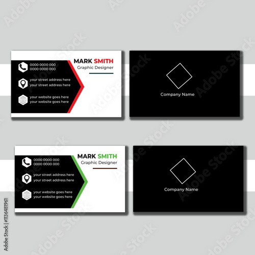 black and red, green creative modern double sided finance business card mockup design.