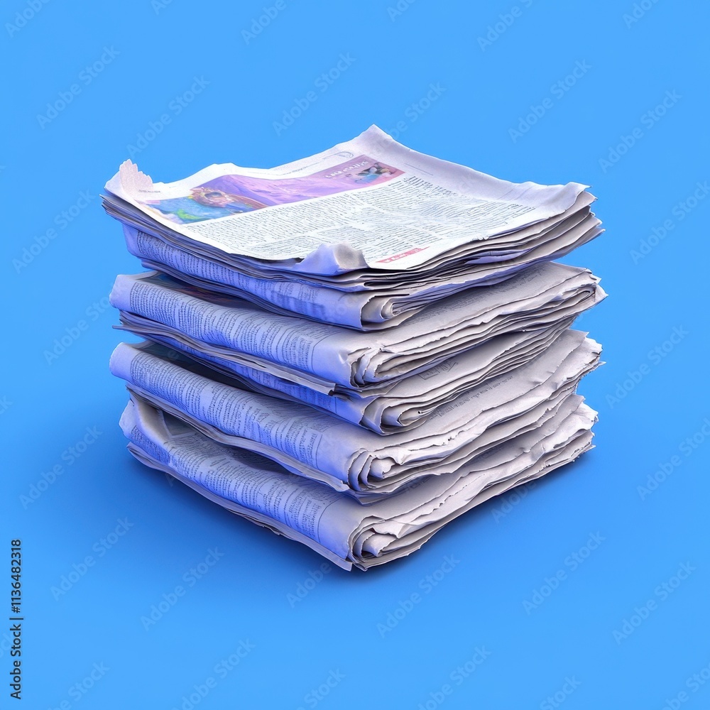 Stack of Folded Newspapers on a Vibrant Blue Background Stack of Folded Newspapers on a Vibrant Blue Background
