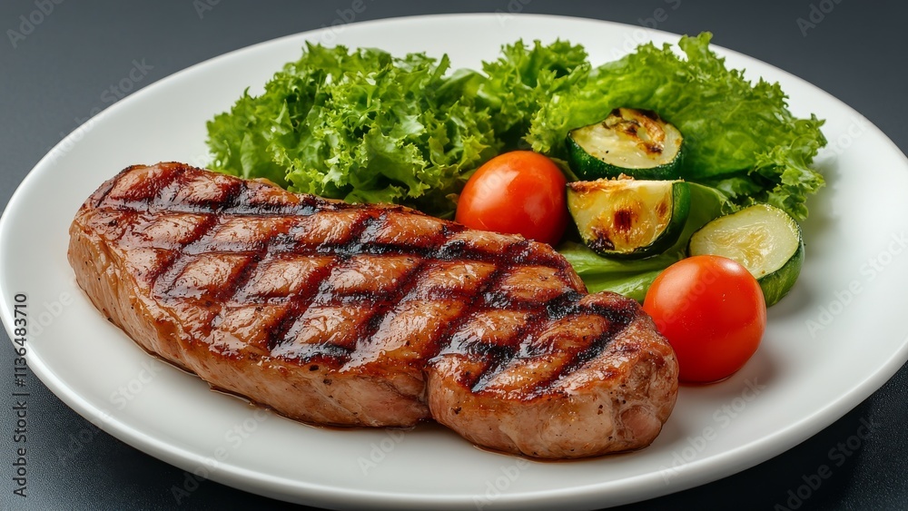 Grilled steak served with fresh vegetables and salad Grilled steak served with fresh vegetables and salad