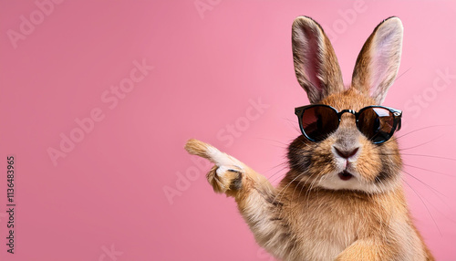 Wallpaper Mural easter bunny with sunglasses pointed to copy space, isolated on pink background Torontodigital.ca