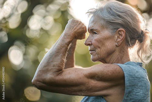 Determined senior woman flexing biceps outdoors in nature
