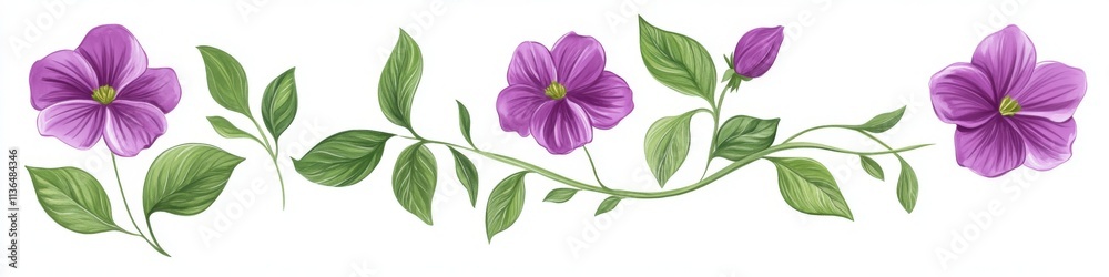 A set of purple flowers with green leaves in vector illustration on white. A set of purple flowers with green leaves in vector illustration on white.
