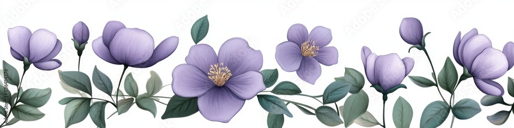 A set of purple flowers with green leaves in vector illustration on white. A set of purple flowers with green leaves in vector illustration on white.