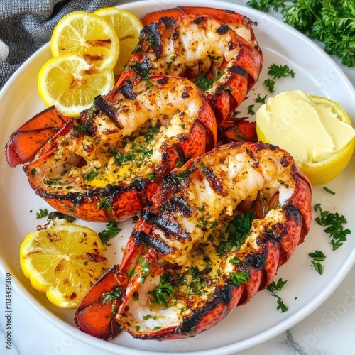 A tempting plate of grilled lobster tails served with drawn butter and lemon wedges, Lobster tails plated elegantly with parsley garnish, Grilled lemon halves for squeezing photo