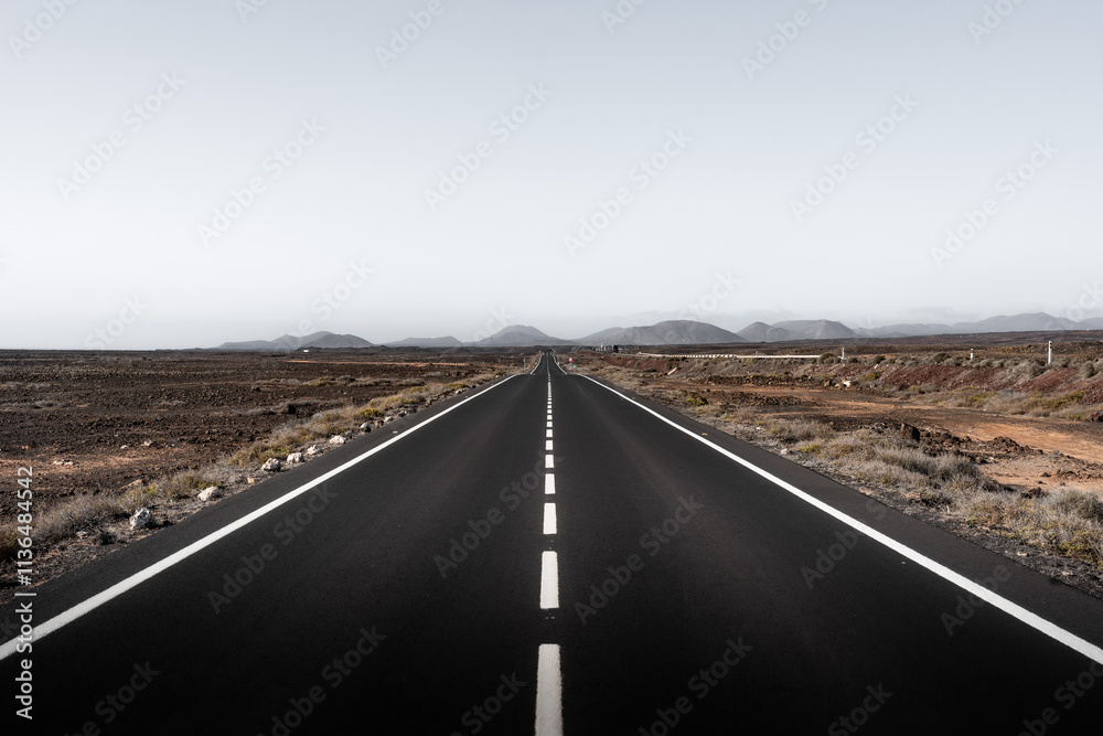 Fototapeta premium Expansive road stretches through arid landscape under a clear sky