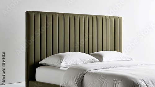 modern, minimalist-style bed with a vertically paneled headboard. The headboard is upholstered in a muted olive green fabric, providing a sleek and contemporary look.