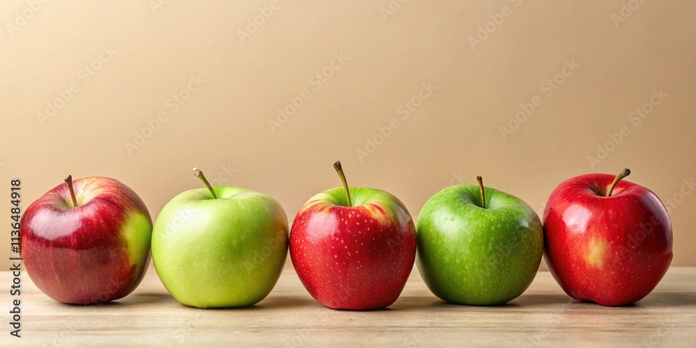 A row of vibrant red and green apples on a light wooden surface against a neutral background A row of vibrant red and green apples on a light wooden surface against a neutral background