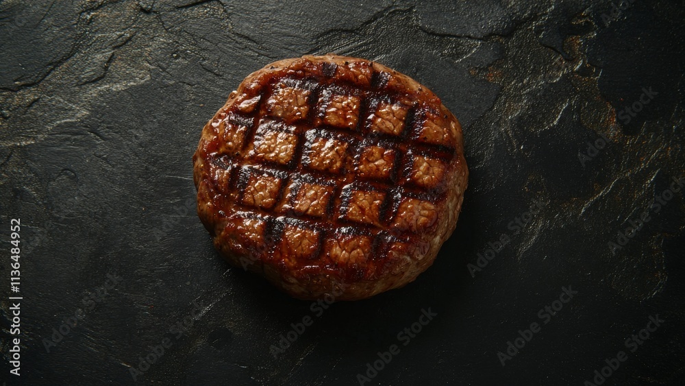 Grilled burger patty with perfect sear on a dark slate background Grilled burger patty with perfect sear on a dark slate background