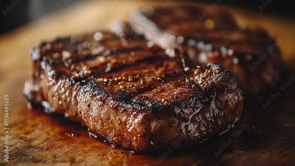 Grilled steak resting on wooden cutting board with juices Grilled steak resting on wooden cutting board with juices