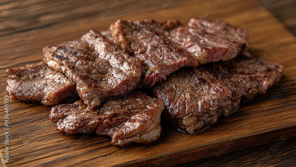 Deliciously grilled beef steaks resting on a wooden cutting board Deliciously grilled beef steaks resting on a wooden cutting board