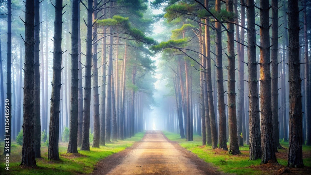Naklejka premium Misty Path Through a Serene Pine Forest on a Calm Morning