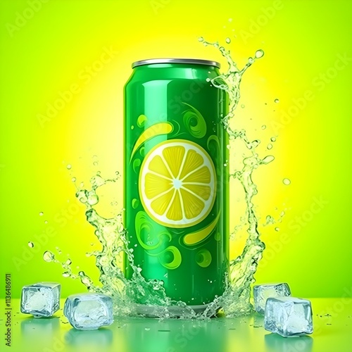 A green can of lemonade by ice cubes