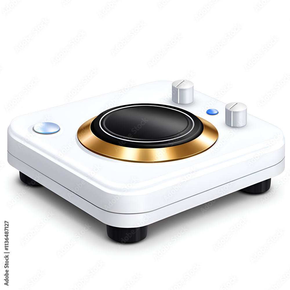 A sleek, modern audio controller featuring a golden dial and multiple knobs for professional sound manipulation. A sleek, modern audio controller featuring a golden dial and multiple knobs for professional sound manipulation.