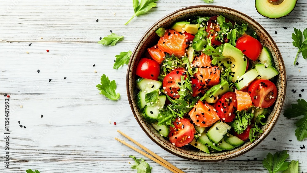 Fresh salad bowl with salmon, tomatoes, and cucumbers on wooden table Fresh salad bowl with salmon, tomatoes, and cucumbers on wooden table
